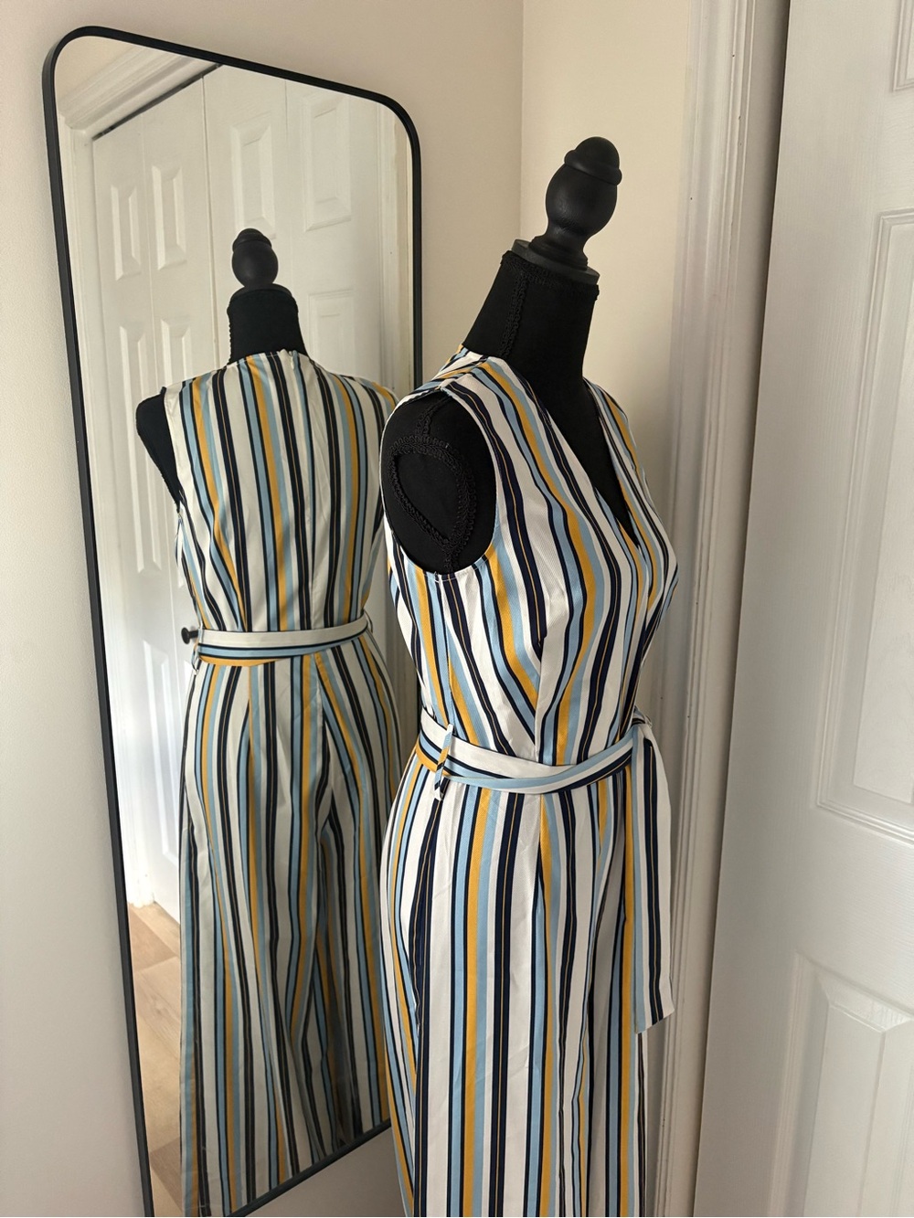 Sleeveless Striped Wrap Jumpsuit in White, Navy & Yellow - Picture 2 of 11